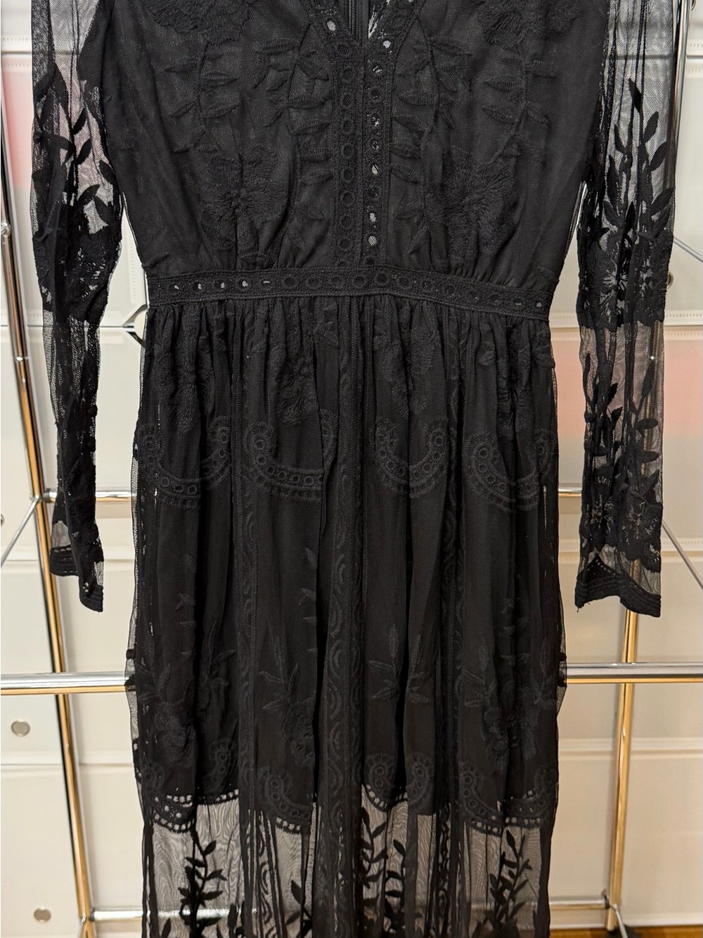 Altar'd State Black Lace Maxi Dress with Sheer Embroidered Sleeves